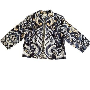 Chico’s Linen Blend Cropped Jacket | Blue Ikat | Size 2 | Open Front 3/4 Sleeves
